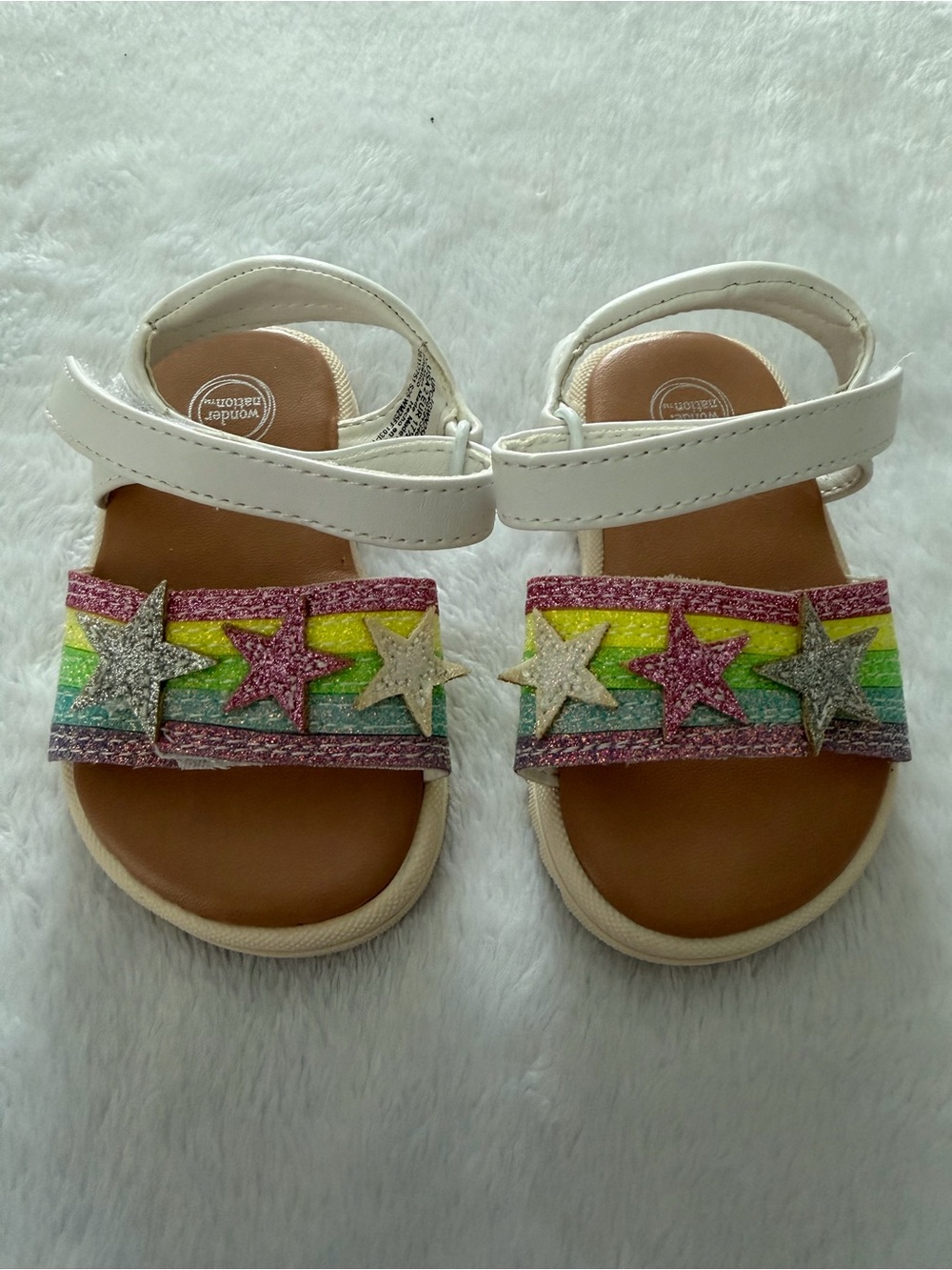 Wonder Nation White Sandals with Rainbow Glitter Straps and Star Accents